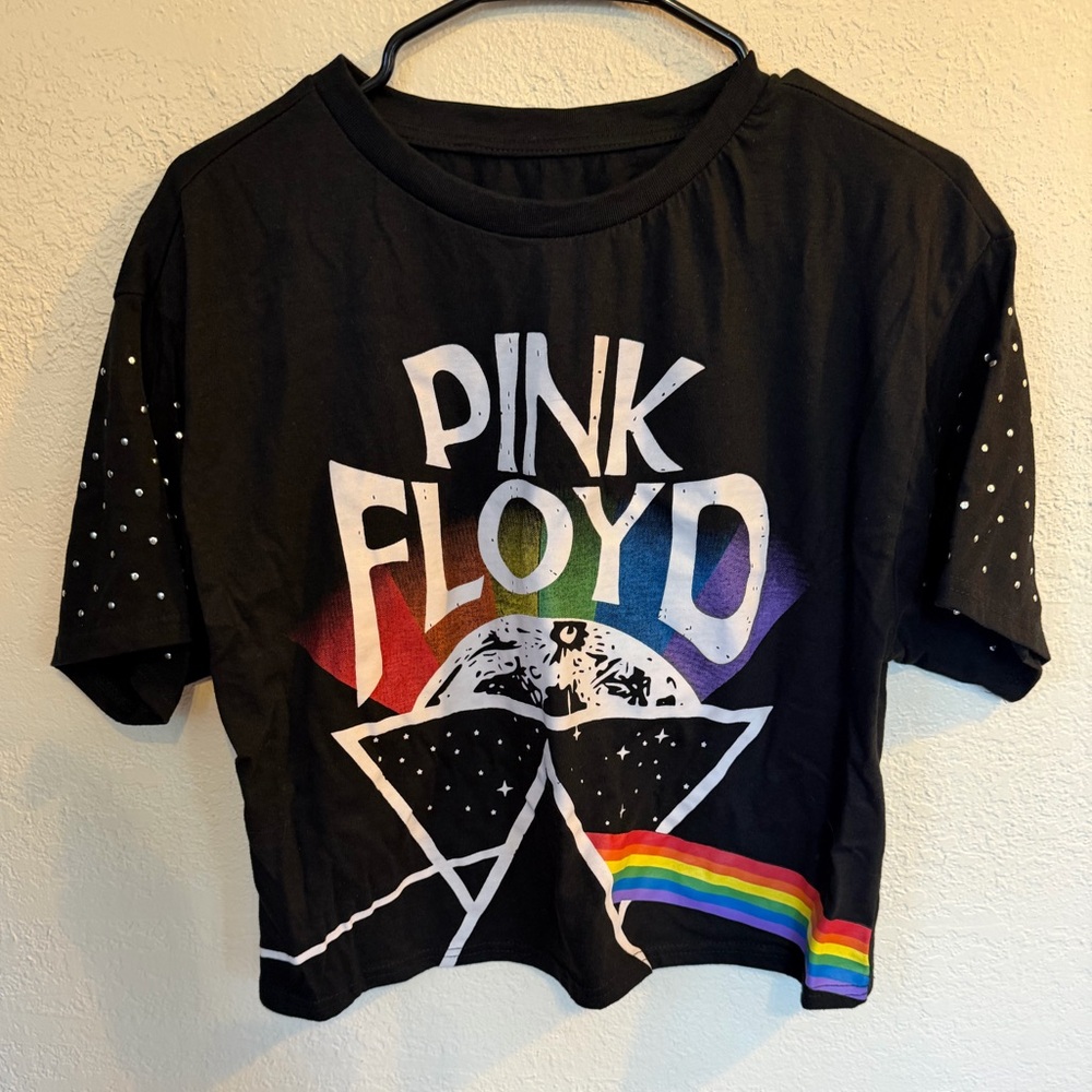 Pink Floyd Women’s Crop Black Graphic Tee with Rainbow Accent/Studded Sleeves